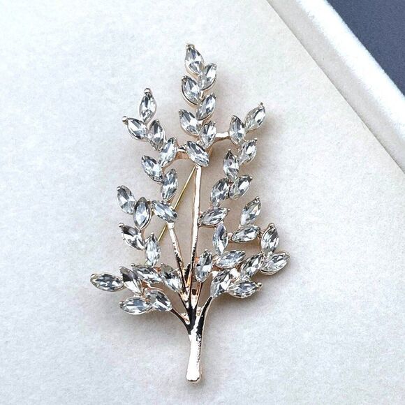 Rose Gold with White Diamond Crystal Tree Branch with Leaves Pin Back Brooch - Picture 3 of 9